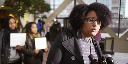 Kandace Montgomery of Black Lives Matter spoke with media after a hearing at the Hennepin County Government Center Monday December 21, 2015 in Minneapolis, MN.]   Mall of America seeks restraining order against Black Lives Matter in an attempt to stop the protest planned for Wednesday. Order includes no tweeting, and an actual tweet telling people the rally has been cancelled. Jerry Holt/ Jerry.Holt@Startribune.com(Photo By Jerry Holt/Star Tribune via Getty Images)