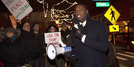 2AKNG0P Hastings-On-Hudson, New York, USA. 9th Jan, 2020. MONDAIRE JONES, candidate for Congressional District 17, speaks at an anti-war protest hosted by Concerned Families of Westchester in solidarity with nationwide protests Credit: Gina M Randazzo/ZUMA Wire/Alamy Live News