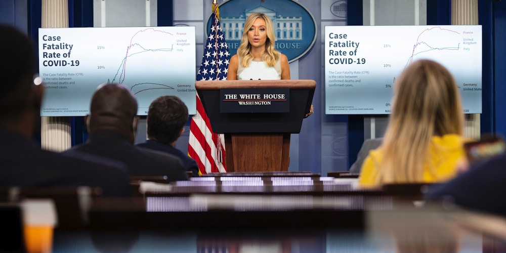 White House Press Secretary Kayleigh McEnany speaks during the press briefing at the White House in Washington, DC on July 6, 2020. (Photo by JIM WATSON / AFP) (Photo by JIM WATSON/AFP via Getty Images)