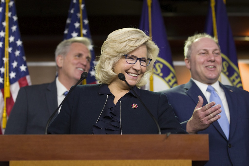 House Minority Leader Kevin McCarthy of Calif., left, House Republican Conference chair Rep. Liz Cheney, R-Wyo., and House Minority Whip Steve Scalise of La., smile as they arrive for a news conference on Capitol Hill, Tuesday, Jan. 15, 2019 in Washington. (AP Photo/Alex Brandon)