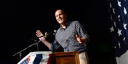 UNITED STATES -  AUGUST 9: JD Scholten, Democratic candidate for Iowa's 4th congressional district, speaks at the Iowa Democratic Wing Ding at the Surf Ballroom on Friday August 9, 2019. (Photo by Caroline Brehman/CQ Roll Call)
