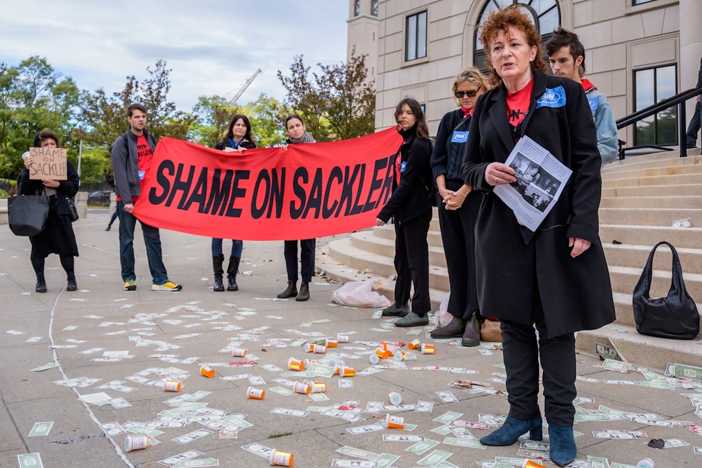 Artist and Harm Reduction Activist Nan Goldin with members of P.A.I.N. (Prescription Addiction Intervention Now) and Truth Pharm protest outside New Yorks Southern District Federal Court in White Plains, where Purdue Pharmaceuticals bankruptcy hearing is being held on Oct. 10, 2019