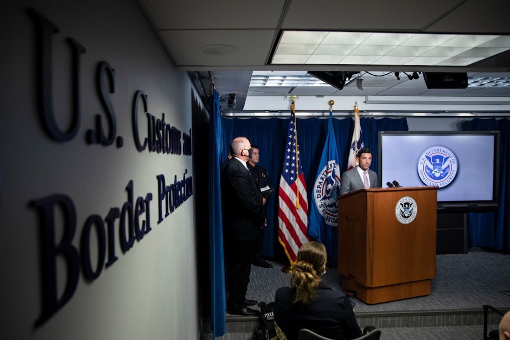 WASHINGTON, DC - JULY 21: Secretary of Homeland Security Chad Wolf speaks during a press conference on the actions taken by Customs and Border Protection and Homeland Security agents in Portland during continued protests at the US Customs and Border Patrol headquarters on July 21, 2020 in Washington, DC. (Photo by Samuel Corum/Getty Images)