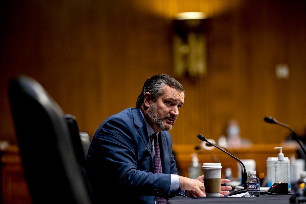 Sen. Ted Cruz, R-Texas, questions State Department Special Representative for Venezuela Ambassador Elliott Abrams appears before a Senate Foreign Relations Committee hearing on Capitol Hill in Washington, Tuesday, Aug. 4, 2020. (AP Photo/Andrew Harnik)