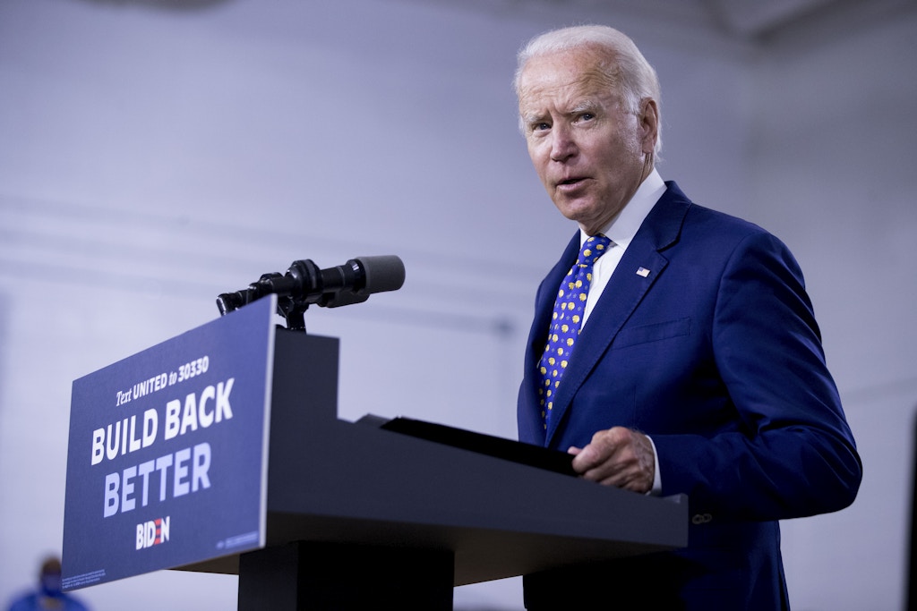 Democratic presidential candidate former Vice President Joe Biden speaks at a campaign event at the William "Hicks" Anderson Community Center in Wilmington, Del. on July 28, 2020.