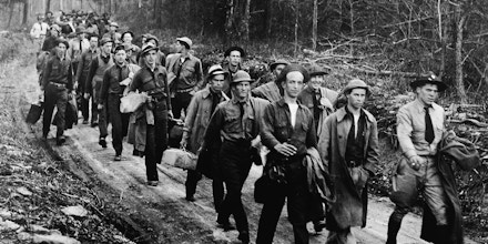 Civilian Conservation Corps recruits arrive to set up their first reforestation work camp, Powell's Fort, Virginia, April 18, 1933. The CCC was a New Deal-era massive environmental improvement program that recruited nearly 3 million young American men from 1933-1942.