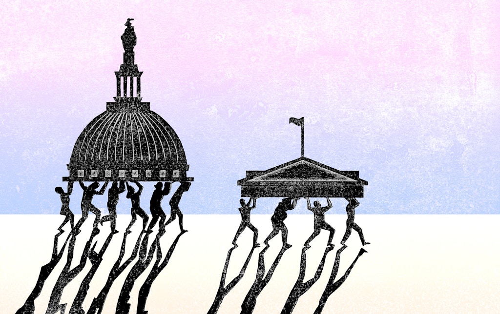 Illustration of people carry parts of the capitol and supreme court