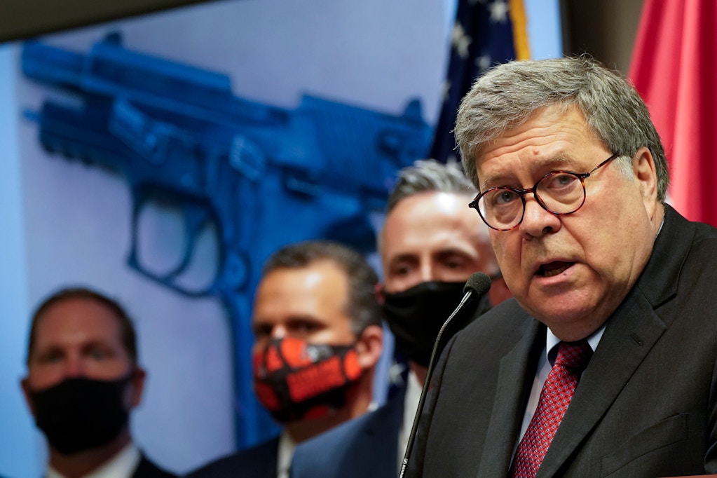 Attorney General William Barr talks to the media during a news conference about Operation Legend, a federal task force formed to fight violent crime in several cities, on Aug. 19, 2020, in Kansas City, Mo.