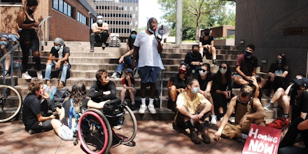 Housing Activists rallied in front of the courthouse in support of the camps before marching back to JTD Camp at 22nd street and the Benjamin Franklin Parkway in Philadelphia, PA on, August 20, 2020.