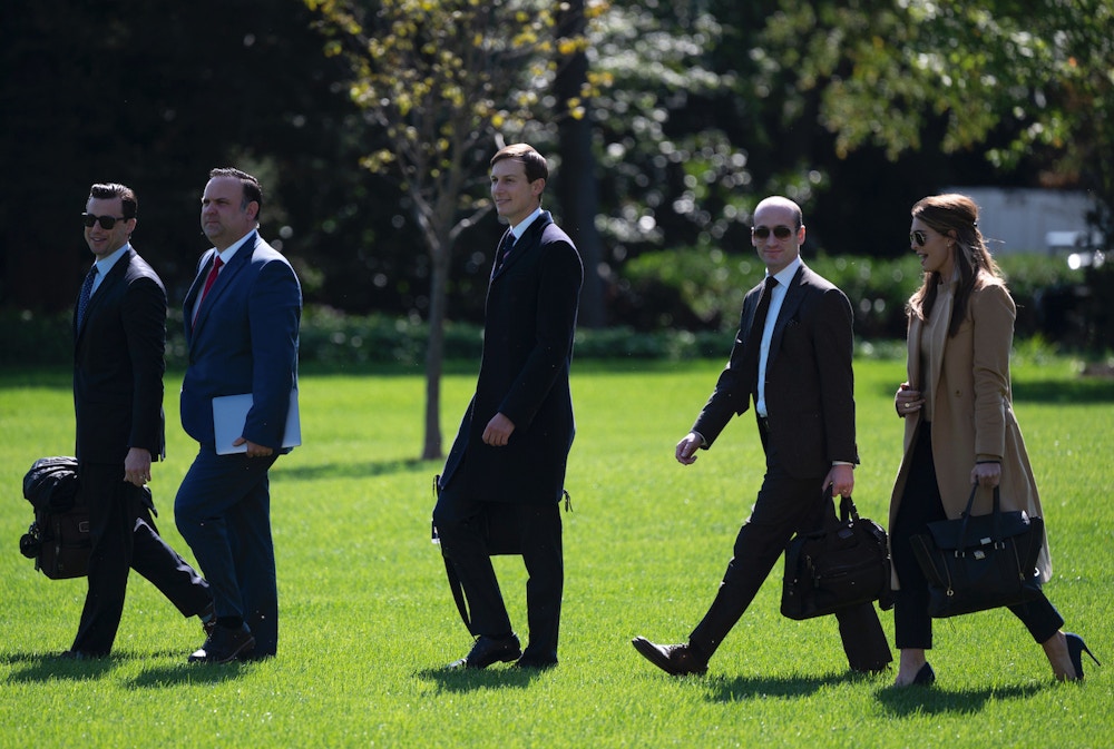 (L-R) Assistant to the President and Director of Oval Office Operations Nicholas Luna, Assistant to the President and Deputy Chief of Staff for Communications Dan Scavino,  Senior Advisor to the President of the United States Jared Kushner, Senior Advisor to the President Stephen Miller, and counselor to President Hope Hicks walk to Marine One to depart from the South Lawn of the White House in Washington, DC on September 30, 2020. (Photo by ANDREW CABALLERO-REYNOLDS / AFP) (Photo by ANDREW CABALLERO-REYNOLDS/AFP via Getty Images)