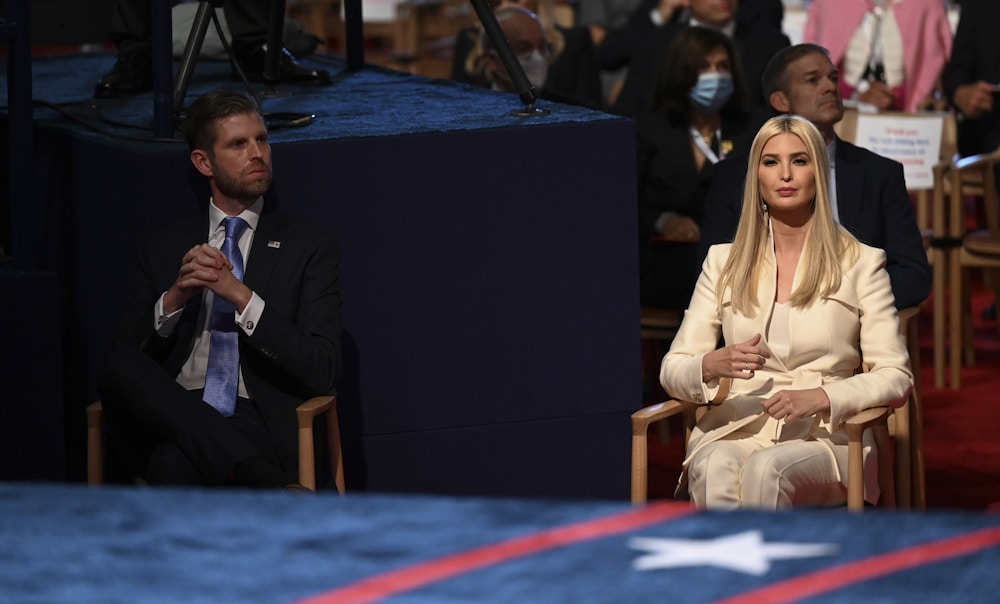 Eric Trump, executive vice president of Trump Organization Inc., left, and Ivanka Trump, assistant to U.S. President Donald Trump, attend the first U.S. presidential debate hosted by Case Western Reserve University and the Cleveland Clinic in Cleveland, Ohio, U.S., on Tuesday, Sept. 29, 2020. Trump and Biden kick off their first debate with contentious topics like the Supreme Court and the coronavirus pandemic suddenly joined by yet another potentially explosive question -- whether the president ducked paying his taxes. Photographer: Olivier Douliery/AFP/Bloomberg