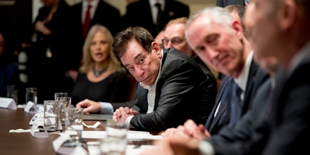 Regeneron CEO Dr. Leonard Schleifer attends a meeting with President Donald Trump, members of the Coronavirus Task Force, and pharmaceutical executives in the Cabinet Room of the White House, Monday, March 2, 2020, in Washington. (AP Photo/Andrew Harnik)