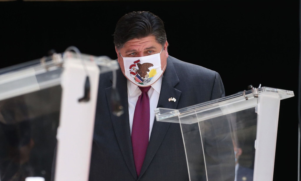 Illinois Gov. J.B. Pritzker at a news conference at the University of Chicago's Harper Center on July 23, 2020.