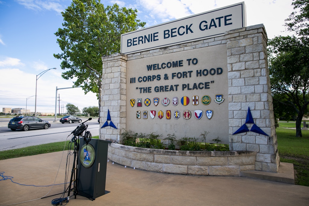 Media outlets gather outside the Bernie Beck gate at Fort Hood on June 3, 2016 in Fort Hood, Texas.