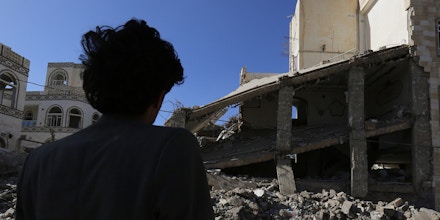 Buildings within a civilian residential area are destroyed after airstrikes by the Saudi-led Coalition on March 7, 2018 in Sana'a, Yemen.