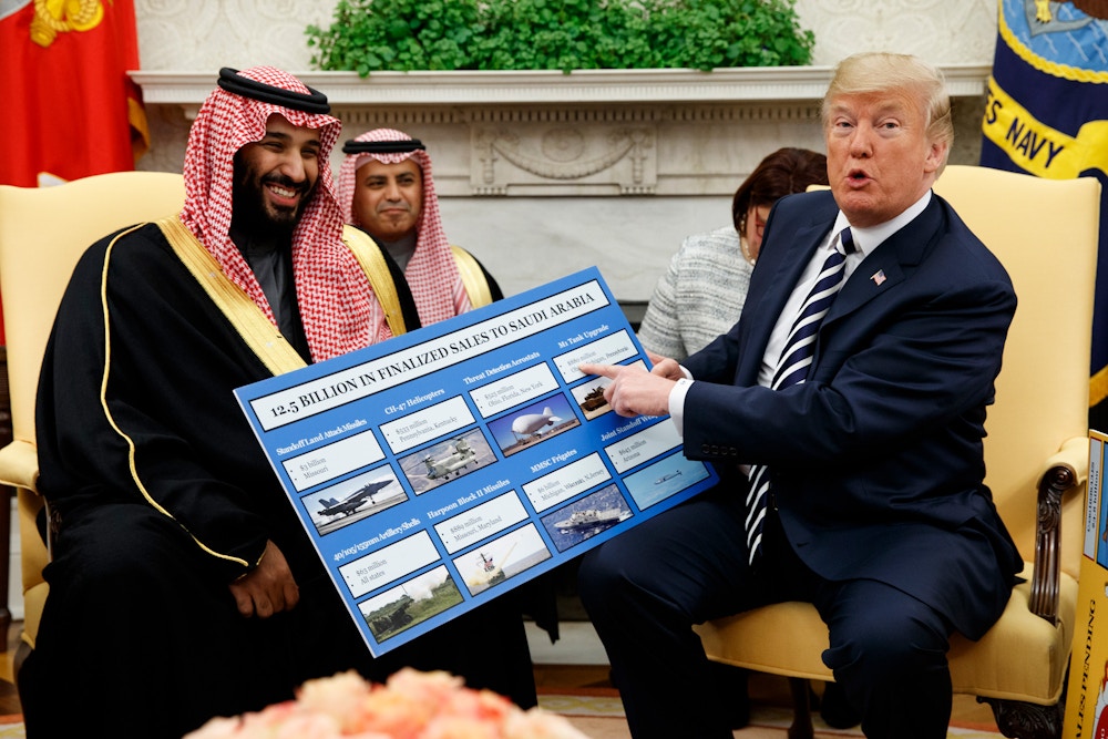 FILE - In this March 20, 2018 file photo, President Donald Trump shows a chart highlighting arms sales to Saudi Arabia during a meeting with Saudi Crown Prince Mohammed bin Salman in the Oval Office of the White House in Washington. The agreement between the United Arab Emirates and Israel to establish full diplomatic ties comes as little surprise to those closely following the nuances of Middle East politics, and Trump administration’s almost single-minded push to broker a deal of this kind without a resolution first to the Israeli-Palestinian conflict. (AP Photo/Evan Vucci, File)