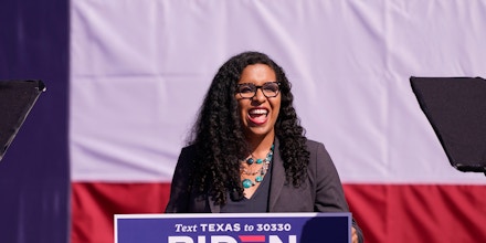 Candace Valenzuela, Democratic candidate in the Texas 24 Congressional District, for Democratic presidential candidate former Vice President Joe Biden, Tuesday, Oct. 13, 2020, in Dallas. (AP Photo/LM Otero)