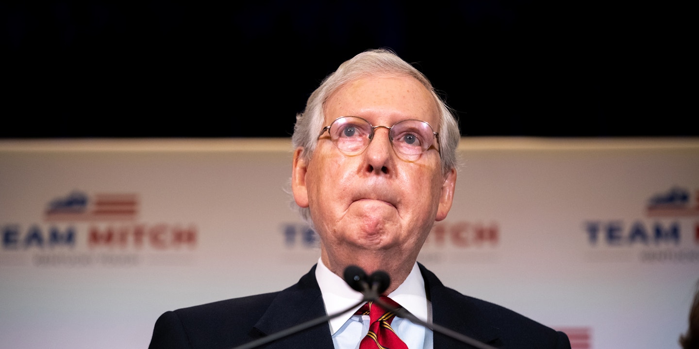 LOUISVILLE, KY - NOVEMBER 04: Senate Majority Leader Mitch McConnell (R-KY), gives election remarks at the Omni Louisville Hotel on November 4, 2020 in Louisville, Kentucky. McConnell has reportedly defeated his opponent, Democratic U.S. Senate candidate Amy McGrath, marking his seventh consecutive U.S. Senate win. (Photo by Jon Cherry/Getty Images)
