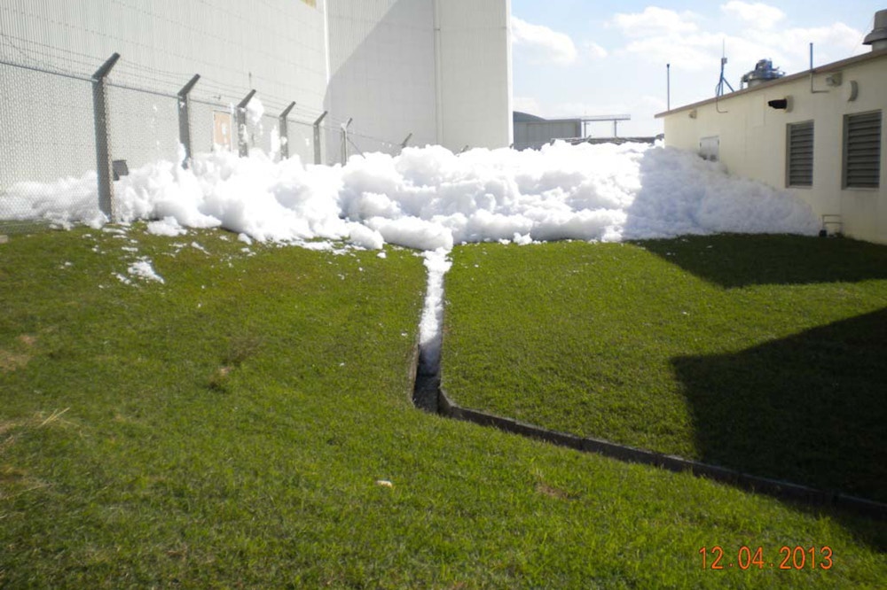 On Kadena Air Base, Okinawa prefecture, an accident blamed on a malfunctioning sprinkler system discharged tens of thousands of liters of firefighting foam in December 2013. (Photos obtained from USAF via the US Freedom of Information Act)