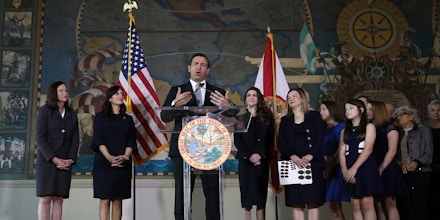 MIAMI, FLORIDA - JANUARY 09: Newly sworn-in Gov. Ron DeSantis announces Barbara Lagoa (2nd to the right of him) as his choice to be seated on the Florida Supreme Court during an event at the Freedom Tower on January 09, 2019 in Miami, Florida. Mr. DeSantis was sworn in yesterday as the 46th governor of the state of  Florida.(Photo by Joe Raedle/Getty Images,)
