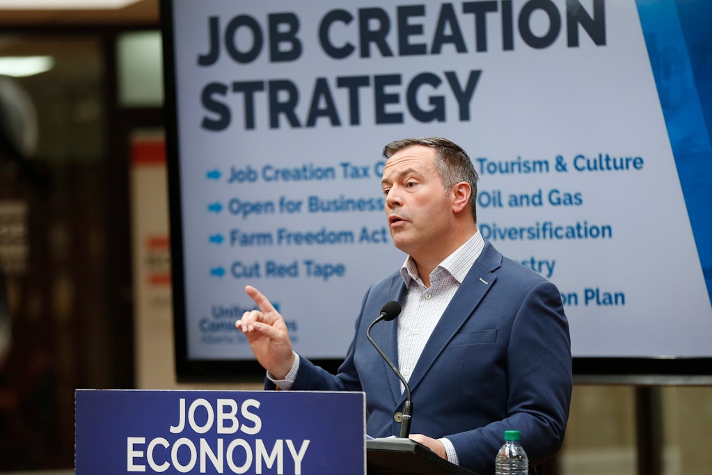 Jason Kenney, leader of the United Conservative Party, speaks during a news conference in Calgary, Alberta, Canada, on Friday, April 5, 2019. Kenney said he would create a C$1 billion ($750 million) crown corporation to support Indigenous resource projects including pipelines if he's elected to lead Alberta's government this month, according to an emailed statement. Photographer: Todd Korol/Bloomberg via Getty Images