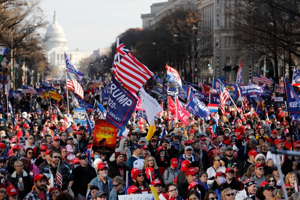 Trump supporters gather for the Stop the Steal rally at Freedom Plaza in Washington on December 12, 2020. Photo by Yuri Gripas/Abaca/Sipa USA(Sipa via AP Images)