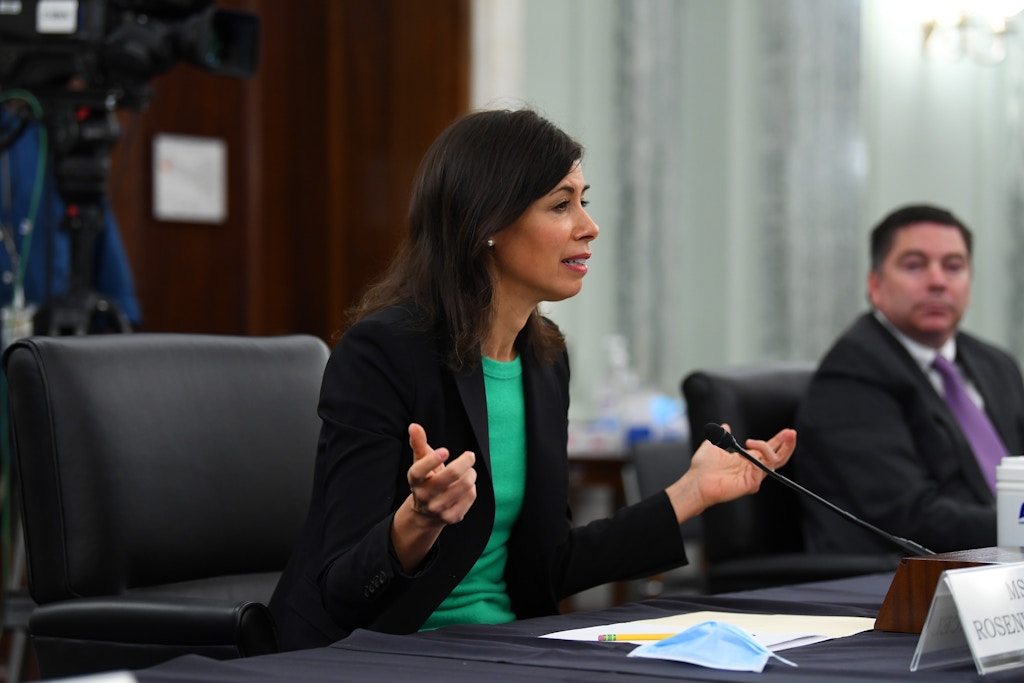WASHINGTON, DC - JUNE 24:  Federal Communication Commission Commissioner Jessica Rosenworcel testifies during an oversight hearing to examine the Federal Communications Commission on Capitol Hill on June 24, 2020 in Washington, DC. The hearing was held by the Senate Committee for Commerce, Science, and Transportation. (Photo by Jonathan Newton-Pool/Getty Images)