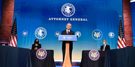 Judge Merrick Garland nominated by US President-elect Joe Biden to be attorney general delivers remarks at The Queen theater January 7, 2021 in Wilmington, Delaware. - Biden nominated Judge Merrick Garland to be attorney general, Lisa Monaco to be deputy attorney general, Vanita Gupta to be associate attorney general, and Kristen Clarke to be assistant attorney general for the Civil Rights Division. (Photo by Jim WATSON / AFP) (Photo by JIM WATSON/AFP via Getty Images)