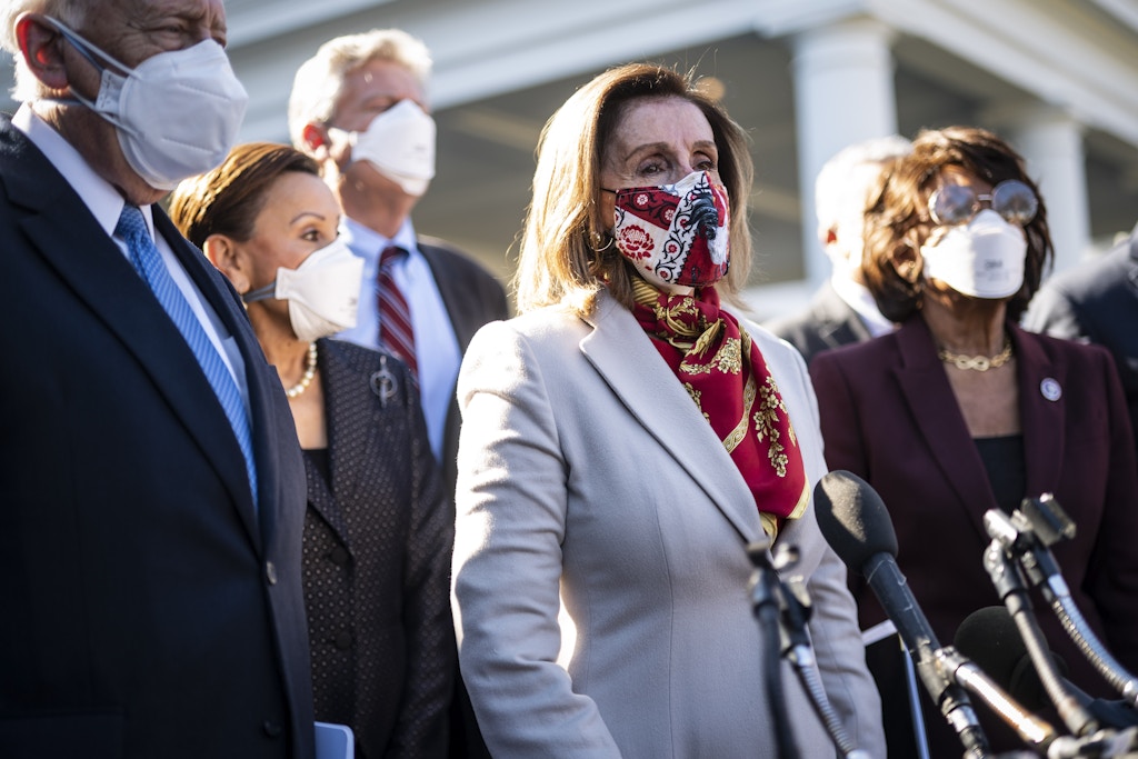 WASHINGTON, DC - FEBRUARY 5: House Speaker Nancy Pelosi and other Democrat lawmakers speak outside the West Wing after meeting with President Joe R. Biden at the White House on Friday, Feb 05, 2021 in Washington, DC. (Photo by Jabin Botsford/The Washington Post via Getty Images)
