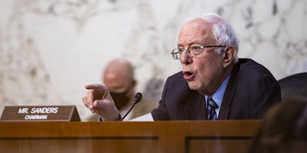 Senator Bernie Sanders, an independent from Vermont and chairman of the Senate Budget Committee, speaks during a hearing in Washington, D.C., U.S., on Wednesday, March 17, 2021. The hearing is titled, 