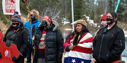 Water protectors rally against the Enbridge Line 3 pipeline in Park Rapids, Minn., on March 15, 2021.