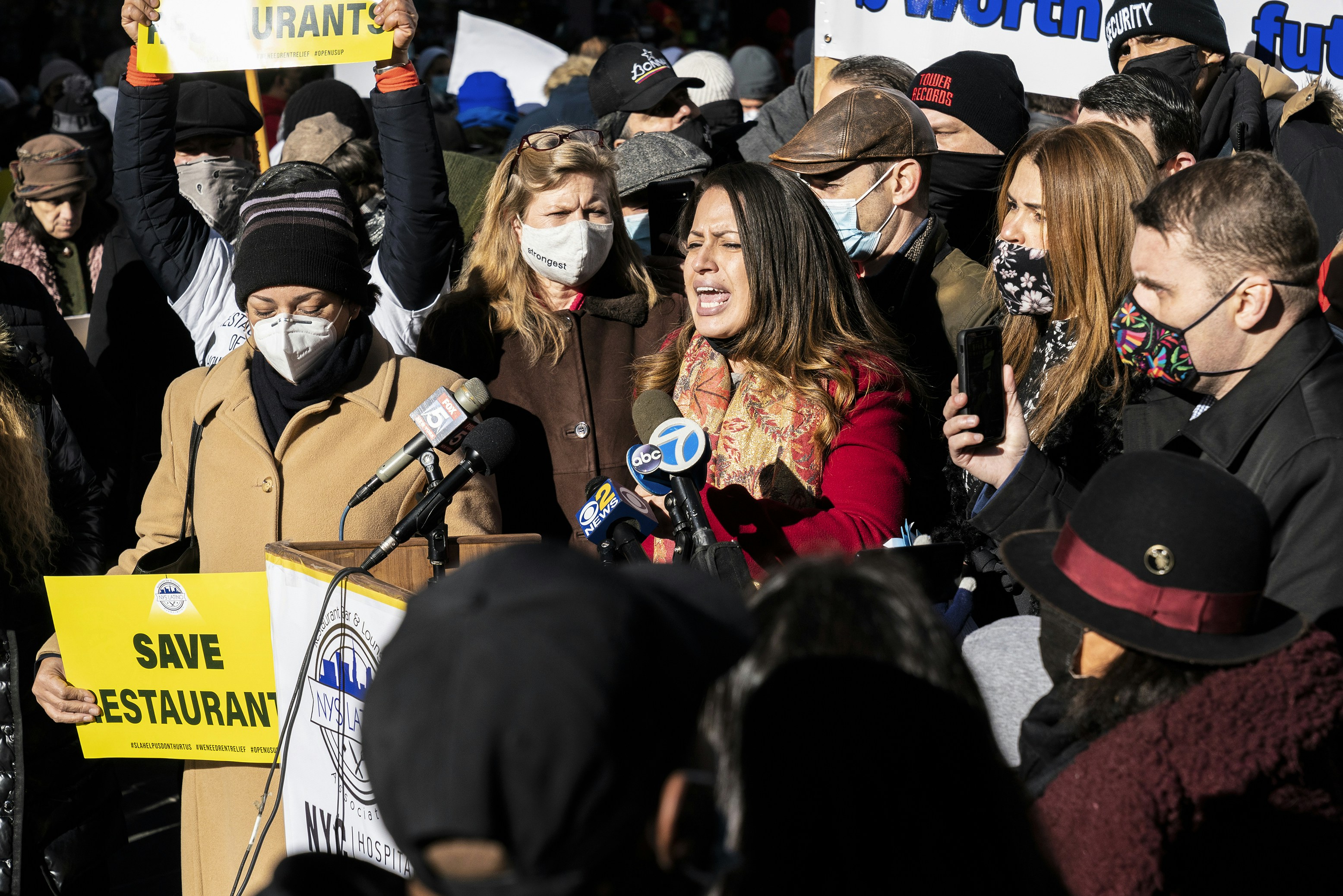 Assembly member Catalina Cruz speaks as hundreds of restaurant owners and workers rally in Times Square in New York on December 15, 2020 to protest Governor Andrew Cuomo's closure of indoor dining and demand a bailout that'll save their livelihoods. (Photo by Lev Radin/Sipa USA)(Sipa via AP Images)