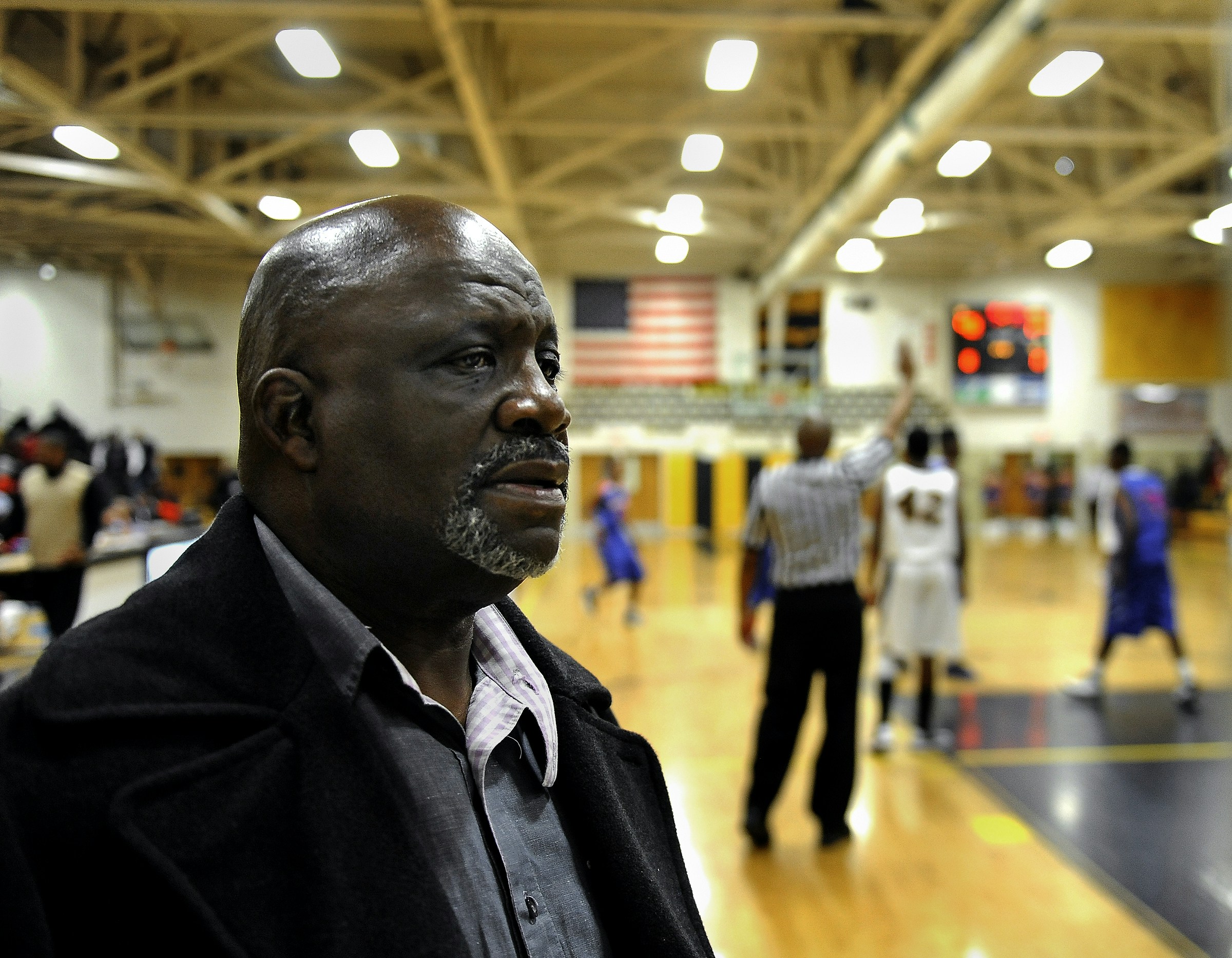 Former executioner Jerry Givens attending a high school basketball game where some of the boys he mentors are playing on Jan. 15, 2013 in Richmond, VA.