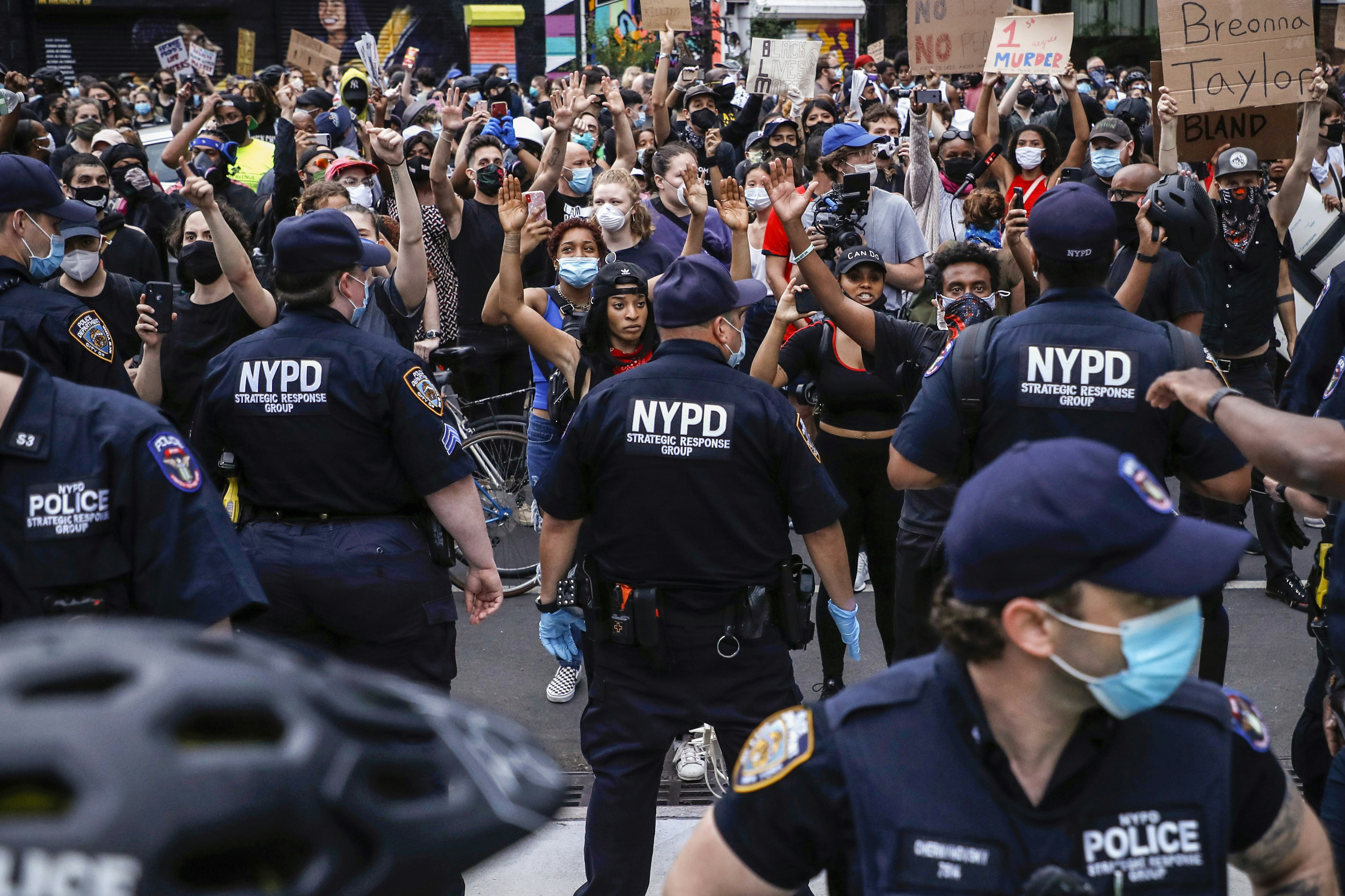 Demonstrators clash with the police in Barclays center, New York, US, on May 29, 2020 during a protest in response to the death of Minneapolis man George Floyd. The video that captured the death of George Floyd implicated the arresting officers sparking days of riots in Minneapolis Minnesota. Governor Tim Waltz (MN) called in the National guard to quell the violent riots, looting and fires. (Photo by John Lamparski/NurPhoto via Getty Images)