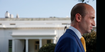 Stephen Miller, White House senior advisor for policy, listens during a television interview outside the White House in Washington, D.C., U.S., on Wednesday, July 15, 2020. President Donald Trump has lost the one remaining issue advantage he had with voters, with 50% now saying they trust Joe Biden to do a better job managing the U.S. economy, according to a new poll released Wednesday. Photographer: Yuri Gripas/Abaca/Bloomberg via Getty Images