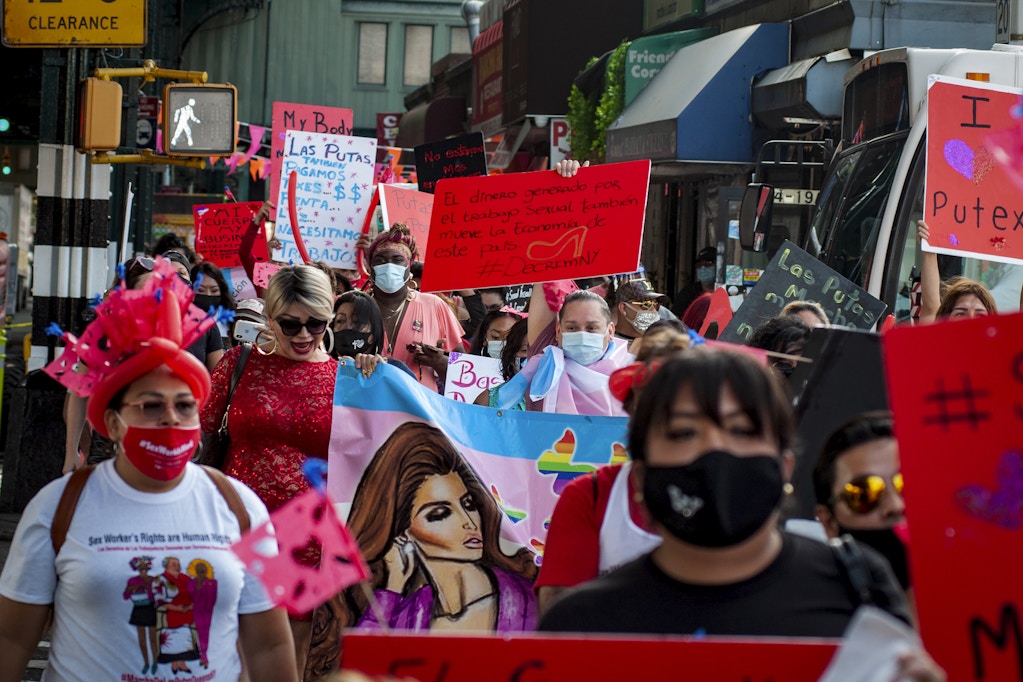 NEW YORK, QUEENS - NY SEPTEMBER 18:  Sex workers and supporters are are seen during a demonstration against discrimination against sex workers held on September 18, 2020 in Jackson Heights, Queens, New York. Hundreds of people took part in a protest march to demand full decriminalization of sex work, the ability to unionize, better working conditions, and protection against violence experienced by sex workers. (Photo by Joana Toro /VIEWpress)
