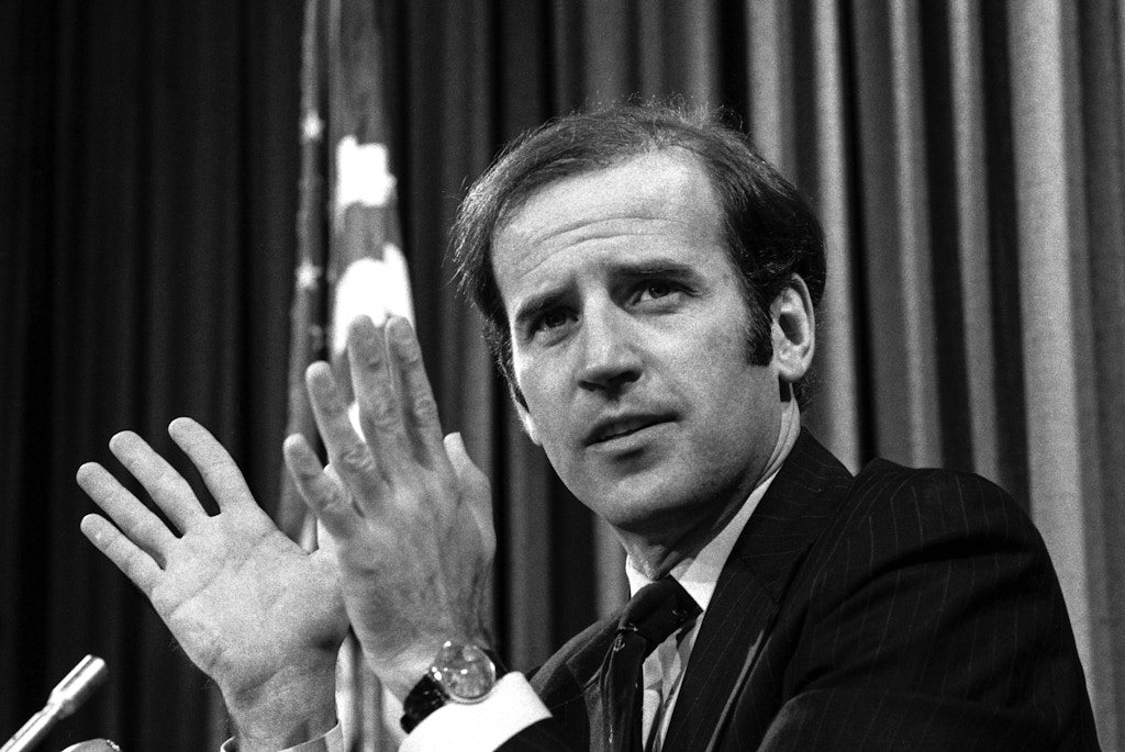 Senator Joseph Biden, Delaware, introducing the report of an 18-month investigation conducted by his Senate Intelligence subcommittee said the group reported "a major failure" by the government over the years to prosecute serious criminal leaks of sensitive information.  (Photo by Bettmann Archive/Getty Images)