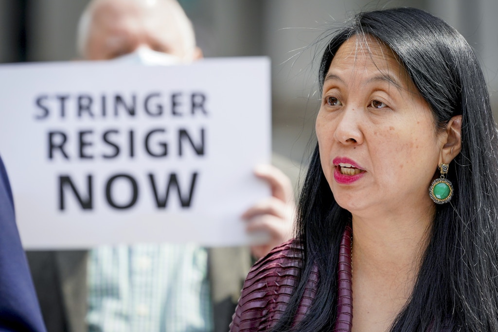 Jean Kim speaks to reporters during a news conference, Wednesday, April 28, 2021, in New York. Kim, who once worked as an unpaid intern for City Comptroller Scott Stringer, a contender to become New York City's next mayor, accused him Wednesday of groping her without consent. Stringer denied the allegations. (AP Photo/Mary Altaffer)