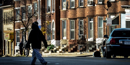 A view of row houses along West North street on December, 03, 2015 in Baltimore, MD.