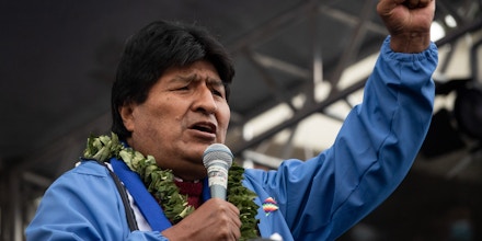29 March 2021, Bolivia, La Paz: Evo Morales, former president of Bolivia, attends the 26th anniversary of the founding of the ruling party MAS (Movimiento al Socialismo - Movement for Socialism). Evo Morales was forced to resign after allegations of fraud against him in the October 2019 elections led to a serious political crisis. Luis Arce won the subsequent elections in October 2020 with over 55 percent of the vote. Photo: Radoslaw Czajkowski/dpa (Photo by Radoslaw Czajkowski/picture alliance via Getty Images)