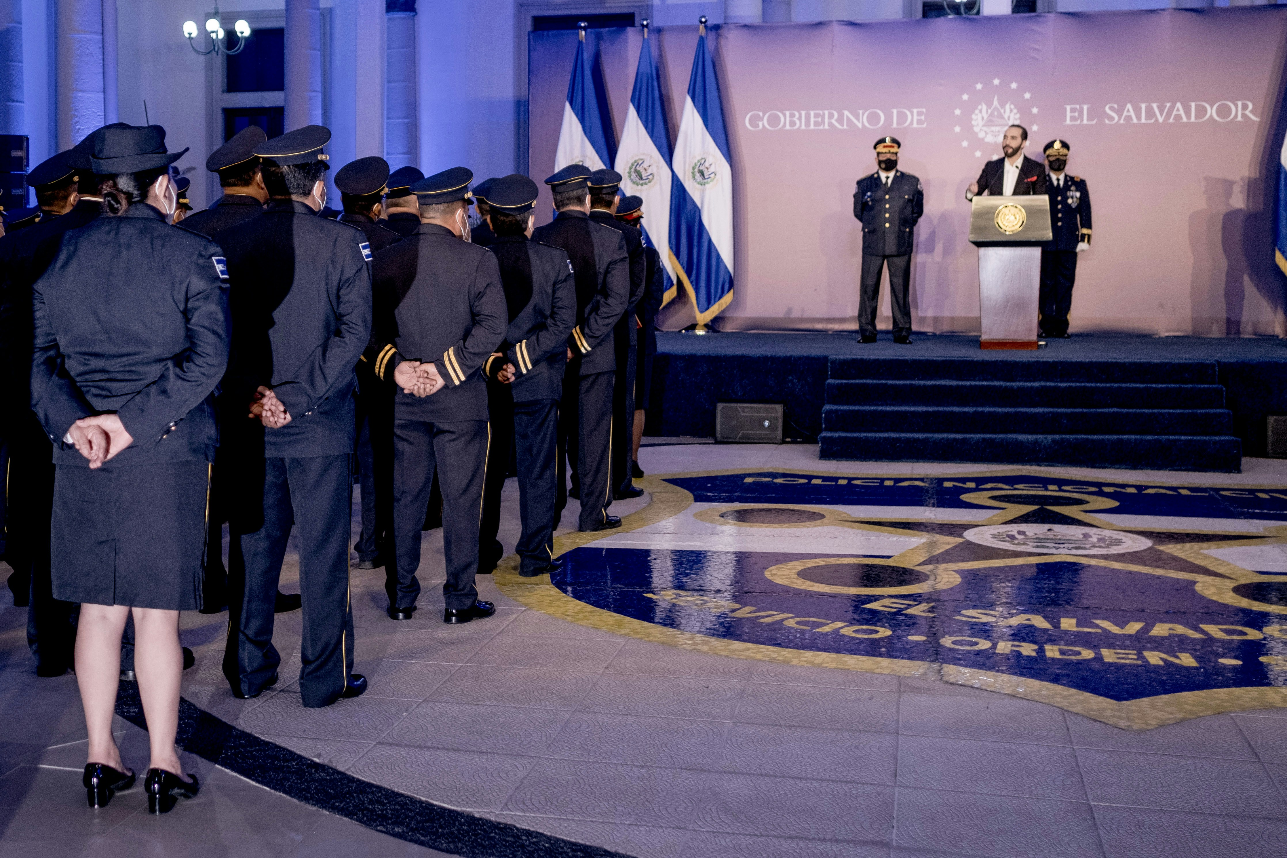 El Salvador’s president Nayib Bukele speaks during a graduation ceremony of inspectors of the National Police in San Salvador, El Salvador on May 20, 2021. Fred Ramos for The Intercept.
