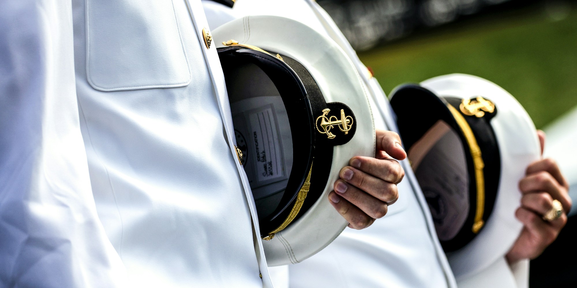 ANNAPOLIS, MARYLAND - MAY 28: Graduating Midshipmen arrive for the U.S. Naval Academy Graduation and Commissioning Ceremony at the Naval Academy on May 28, 2021 in Annapolis, Maryland. The graduating class of 1,084 will be commissioned as ensigns in the Navy or second lieutenants in the Marine Corps. (Photo by Kevin Dietsch/Getty Images)