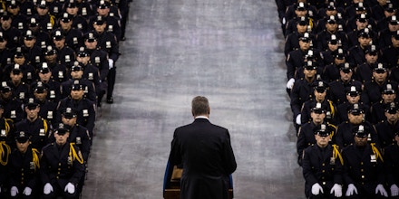 NEW YORK, NY - JUNE 30:  New York City Mayor Bill De Blasio speaks at the 2014 graduation ceremony for the New York Police Department (NYPD) on June 30, 2014 at Madison Square Garden in New York City. The NYPD, which has over 35,000 officers, graduated 604 new officers today.  (Photo by Andrew Burton/Getty Images)