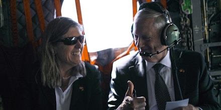 KABUL, AFGHANISTAN - APRIL 24: U.S. Defense Secretary James Mattis (R) gives senior advisor Sally Donnelly (L) a thumbs-up as they discuss their schedule upon arriving via helicopter at Resolute Support headquarters on April 24, 2017 in in Kabul, Afghanistan. Mattis is on a regional tour of the Middle East.  (Photo by Jonathan Ernst - Pool/Getty Images)