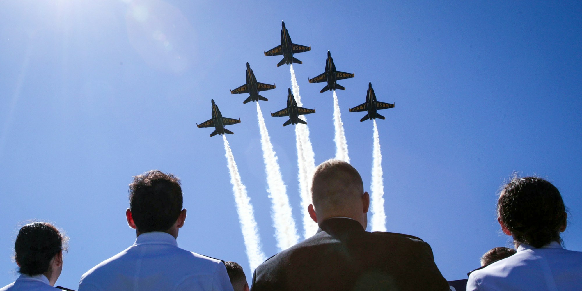 ANNAPOLIS, MARYLAND - MAY 24:   US Navy's Blue Angels fly over the Navy-Marine Corps Memorial Stadium during a graduation ceremony at the U.S. Naval Academy May 24, 2019 in Annapolis, Maryland. The graduating class will be sworn into the Navy as ensigns or into the Marine Corps as second lieutenants in the ceremony.   (Photo by Alex Wong/Getty Images)