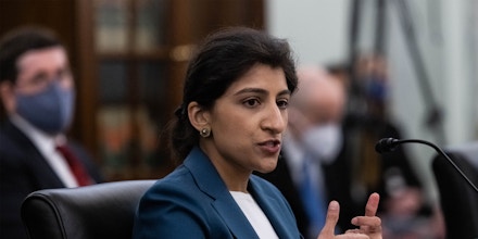 WASHINGTON, DC - APRIL 21: FTC Commissioner nominee Lina M. Khan testifies during a Senate Commerce, Science, and Transportation Committee nomination hearing on April 21, 2021 in Washington, DC. Nelson was a senator representing Florida from 2001-2019. (Photo by Graeme Jennings-Pool/Getty Images)