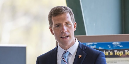 U.S. Rep. Conor Lamb, D-Pa., speaks during the dedication ceremony of the Gladden Acid Mine Drainage Treatment Plant on Tuesday, April 27, 2021, in McDonald, Pa. Construction began in June, 2020. The facility is said to improve water quality and restore sections of Chartiers Creek and Millers Run for fishing and recreation. (Andrew Rush/Pittsburgh Post-Gazette via AP)