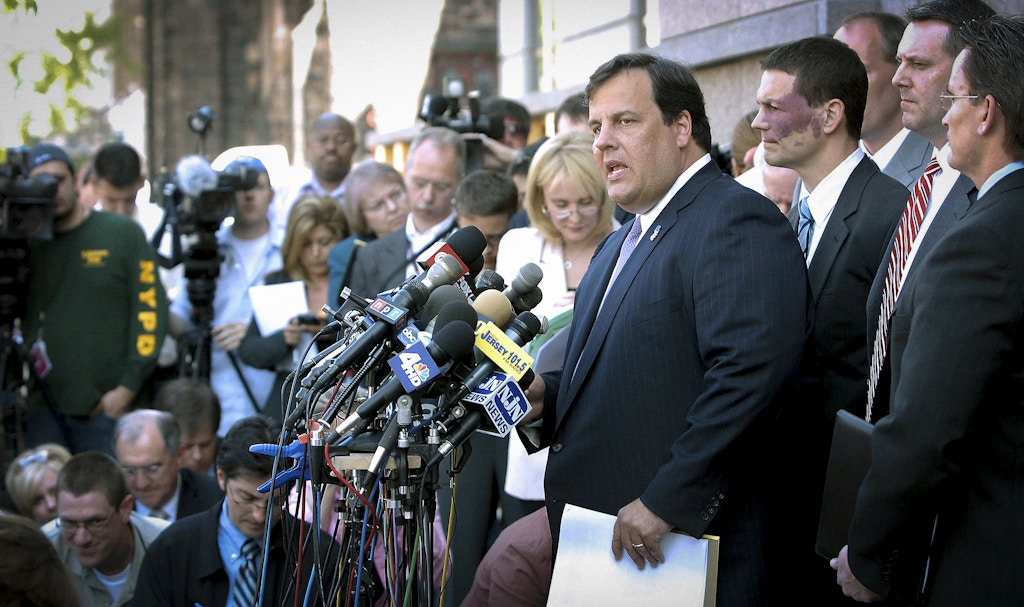 UNITED STATES - MAY 08:  U.S. Attorney Christopher Christie, speaking at podium, holds a news conference on the steps of the Federal Courthouse in Camden, New Jersey, Tuesday, May, 8, 2007. U.S. authorities charged six men, including five identified as "radical Islamists," in a plot to kill American soldiers at the Fort Dix Army base in New Jersey.  (Photo by Bradley C. Bower/Bloomberg via Getty Images)