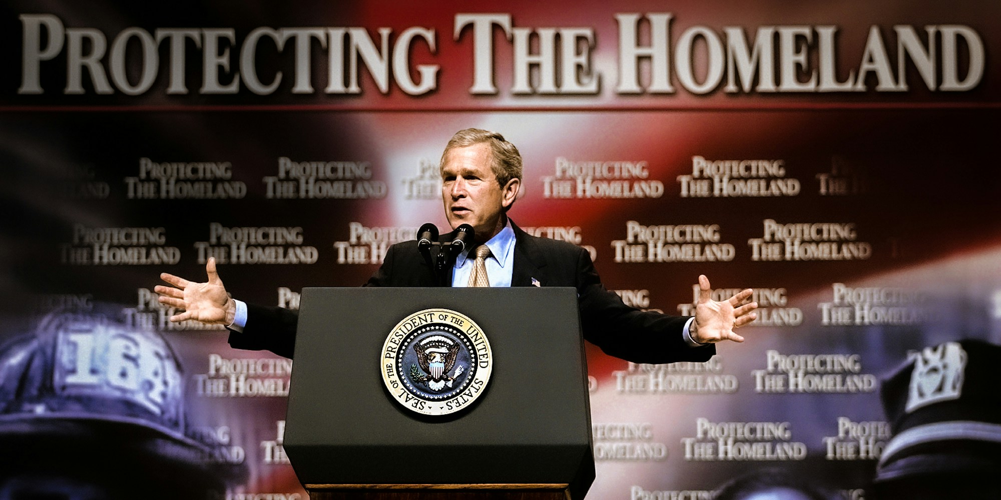 WASHINGTON, :  US President George W. Bush addresses federal employees stressing their critical need to the mission to combat terrorism 10 July, 2002 inside the Daughters of the American Revolution Constitution Hall in Washington, DC. Bush proposed the most significant reorganization of the US government since 1947, creating the Office of Homeland Security and pulling federal employees from over 100 different government organizations.    AFP PHOTO Paul J. Richards (Photo credit should read PAUL J. RICHARDS/AFP via Getty Images)