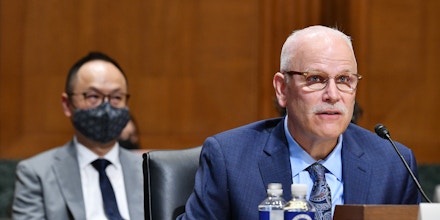 Chris Magnus testifies before the Senate Finance Committee on Capitol Hill on Oct. 19, 2021. 